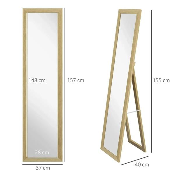 Full-length mirror with light natural wood frame on folding stand, angled view