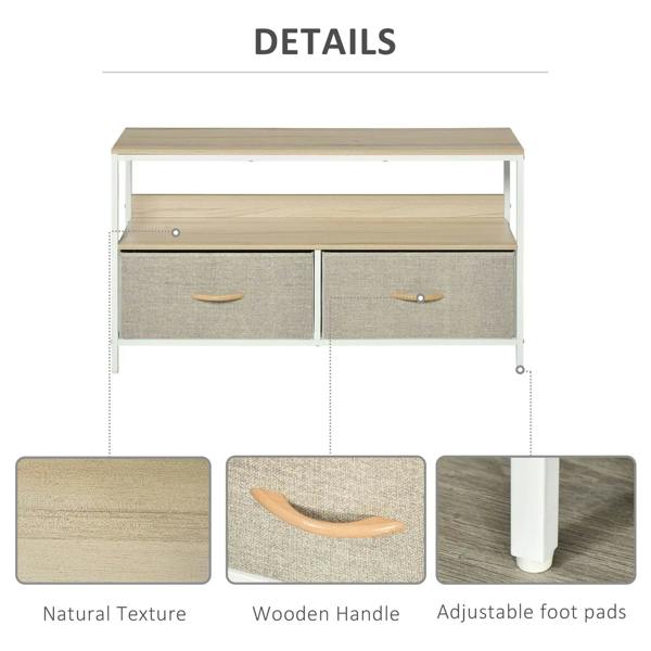 TV stand cabinet side view with grey drawers, wooden handles, and adjustable foot pads