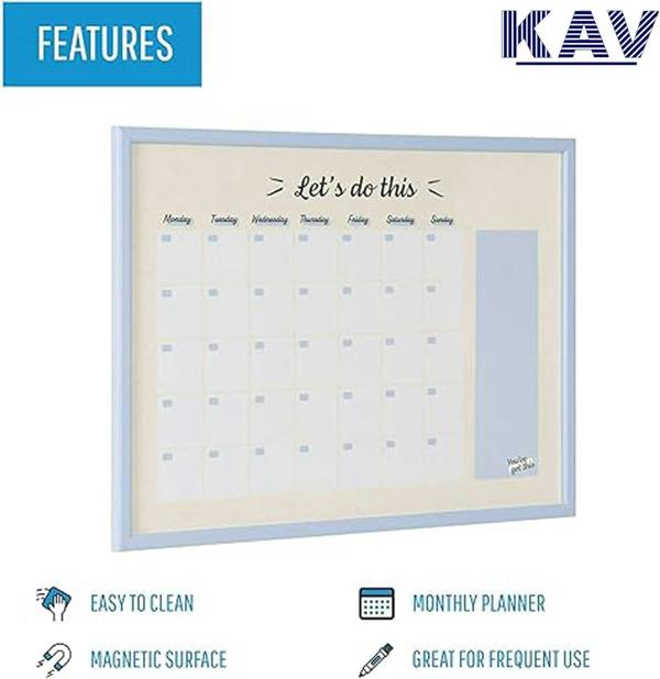 KAV 23.62" x 17.72" Magnetic Dry Erase Monthly Planner White Board - Stylish Pastel Collection Blue MDF Frame - Easy Install and Clean Weekly Planner