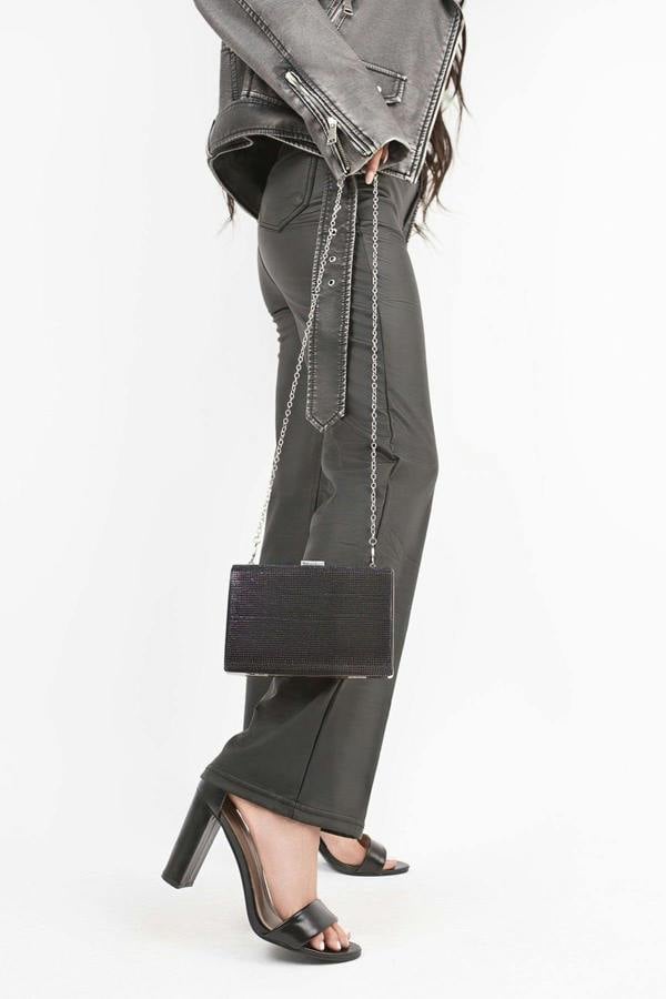 Zayana Diamanté Detail Box Clutch Bag With Chain Strap - Black