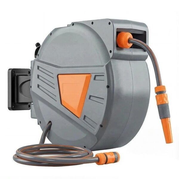 Bobobiy Retractable Hose Reel Wall Mounted, 20+1.6m Garden Hose Pipe Reel with Auto Retraction, Self-Locking, Orange