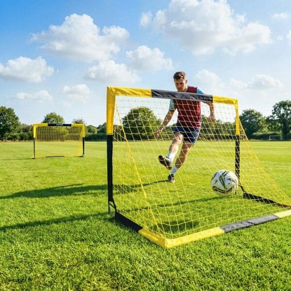 Set of 2 Pop Up Football Goal, Portable Folding Football Net with Carry Bag, 8 U-Shaped Ground Stakes, Fibreglass Pole