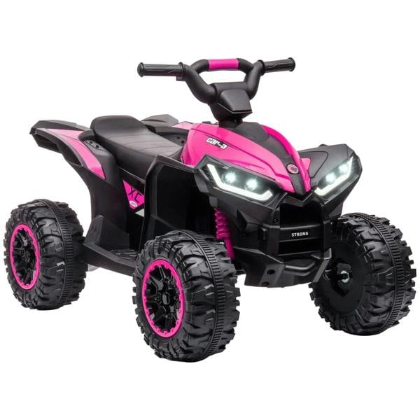 Pink and black 12V ride-on quad bike with LED headlights and chunky tread tires
