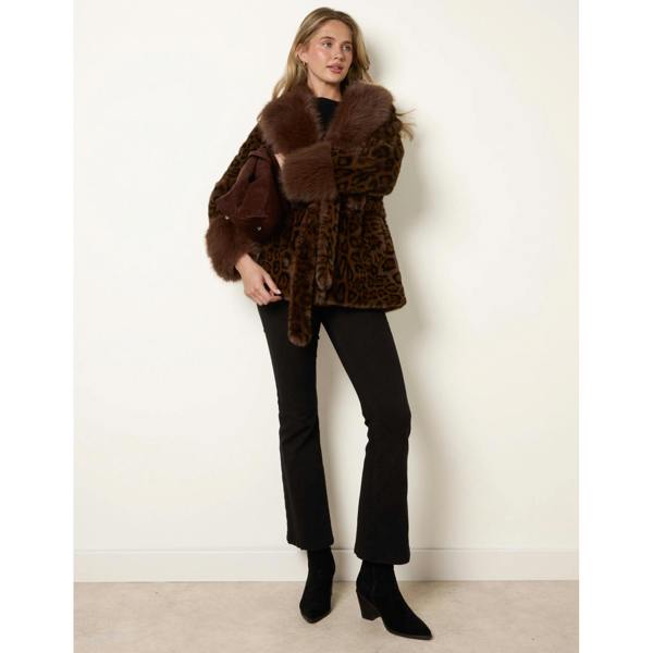 Blue Vanilla Leopard Plush Faux Fur Belted Coat