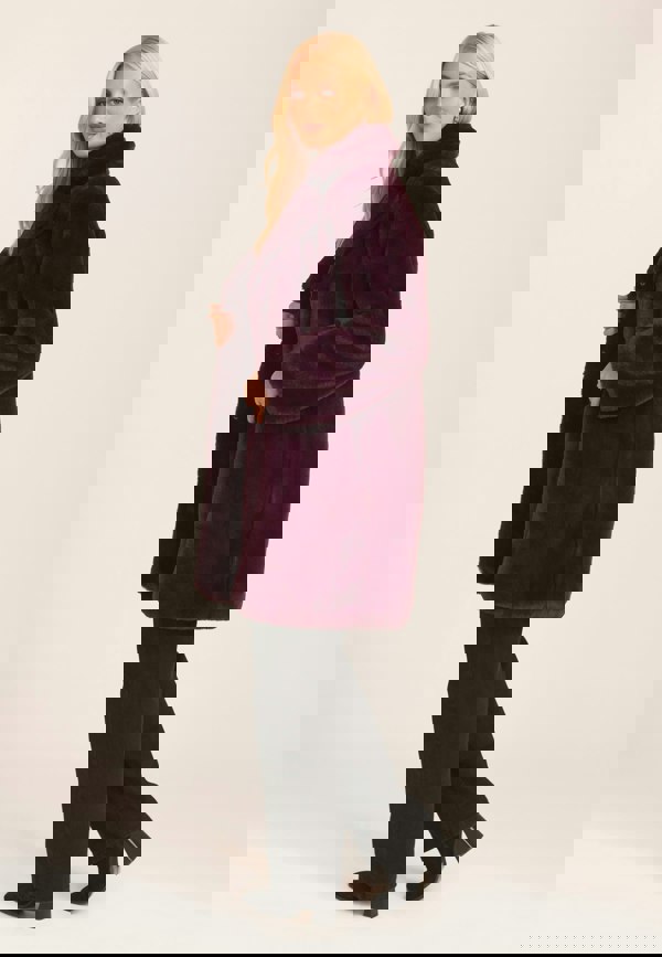 Gini London Plum Faux Fur Lapel Collar Longline Coat