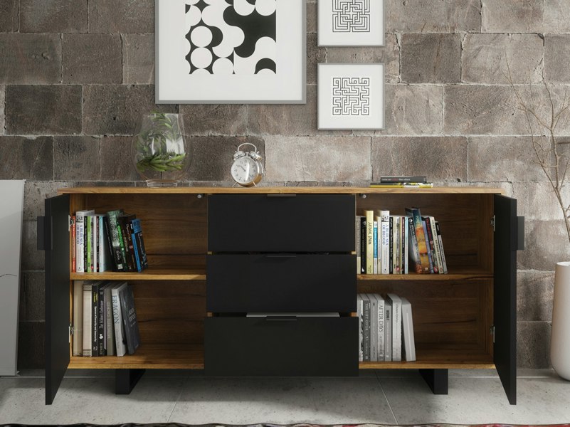 Mex Furniture Milled Stylish 140 cm Sideboard - Slatted Doors, Drawers, Modern and Elegant Design