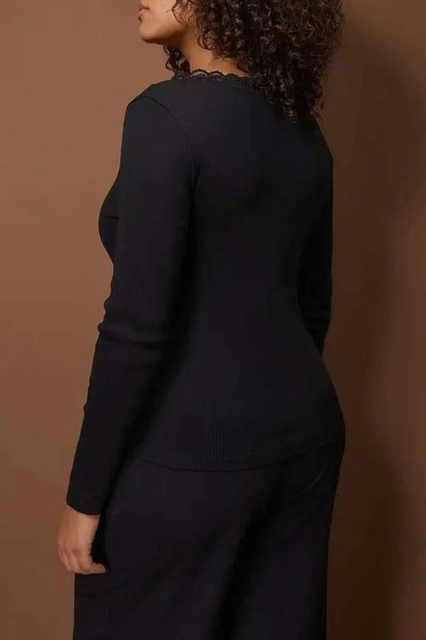 WOVCOR V-Neck Lace Detail Ribbed Fitted Cotton Stretch Knit Blouse