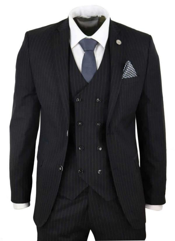 TruClothing Men's 3 Piece Black Pinstripe Retro Suit