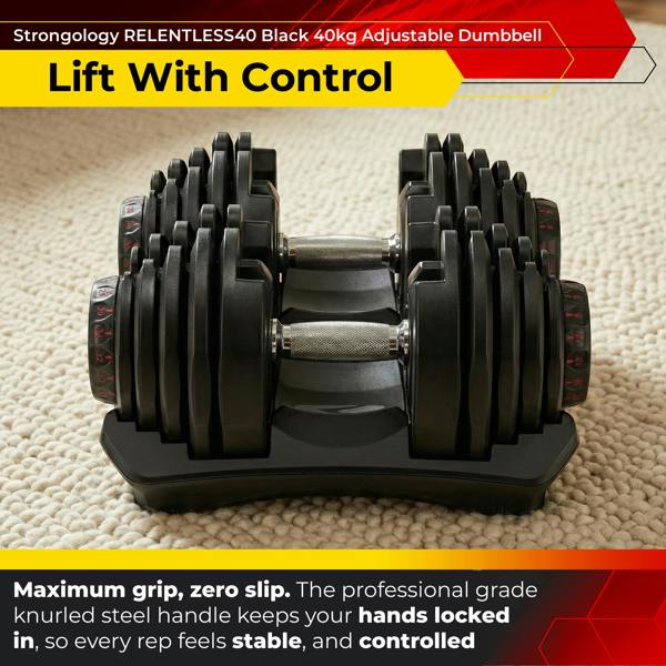 Homeology RELENTLESS40 Adjustable Smart Dumbbell 5kg to 40kg Pair Home Fitness Training Weights Black