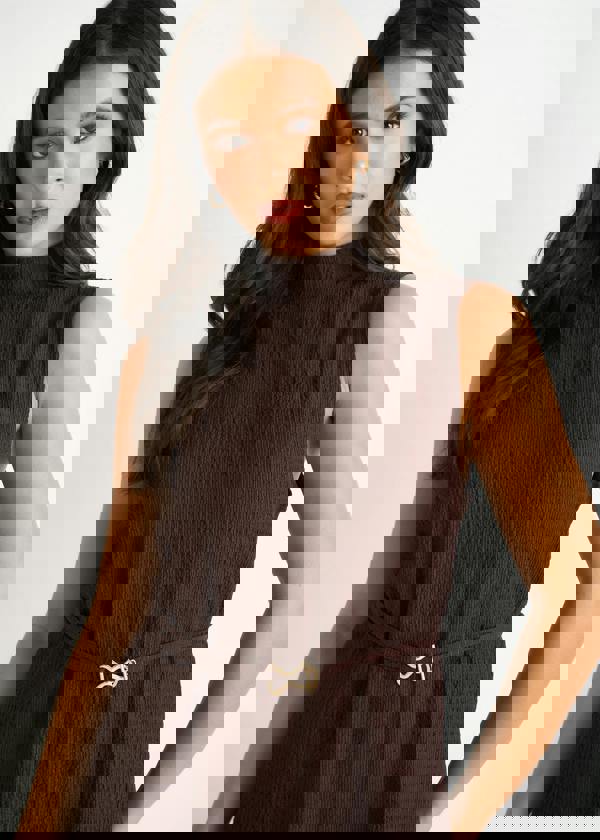 Gini London Chocolate Funnel Neck Textured Jersey Tabard Top