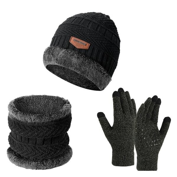 Obasyhig Fleece-Lined Knitted Winter 3-Piece Set - Dark Grey - Style 1