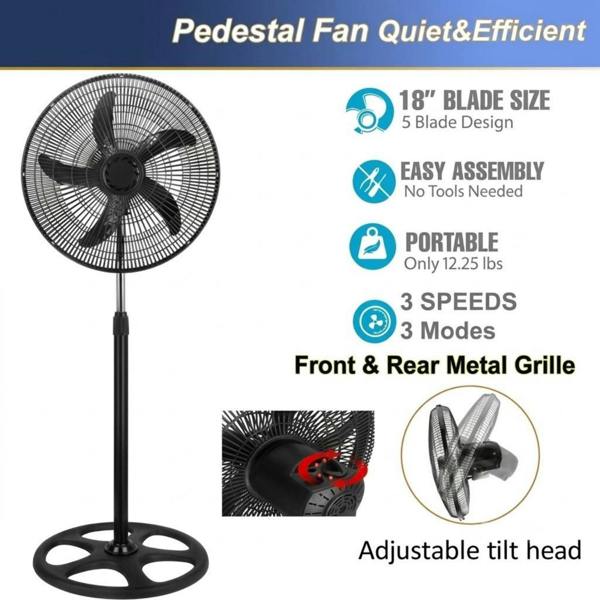 Dyzi 18 Inch Oscillating Pedestal Fans 3 Speed Round Base Pack of 2