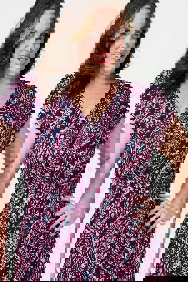 Navy | Printed Short Sleeve Lace Trim Midi Dress