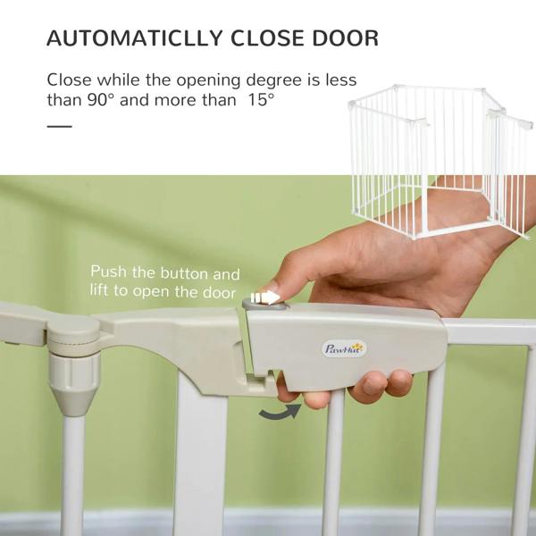 White metal pet playpen door with automatic close latch being pressed open