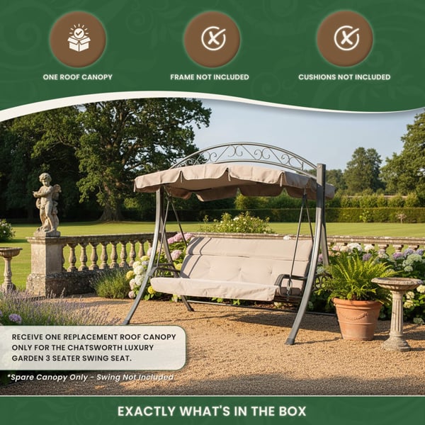 Spare Canopy for Chatsworth Luxury Garden 3 Seater Swing Seat, Beige 180gsm Polyester Replacement Roof Cover