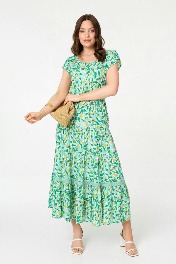 Green | Printed Cap Sleeve Lace Tier Maxi Dress