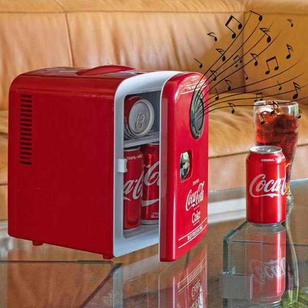 Coca-Cola Coca Cola 4L Mini Fridge For Bedrooms 6 Can 12V Portable Cooler Warmer with Bluetooth Speaker