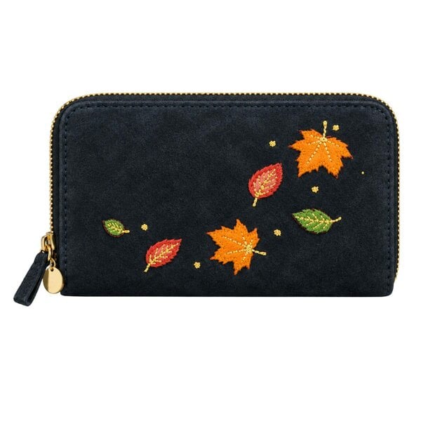 Fores Collection Faux Suede Zip Around Purse with Embroidered Autumn Leaves - Navy