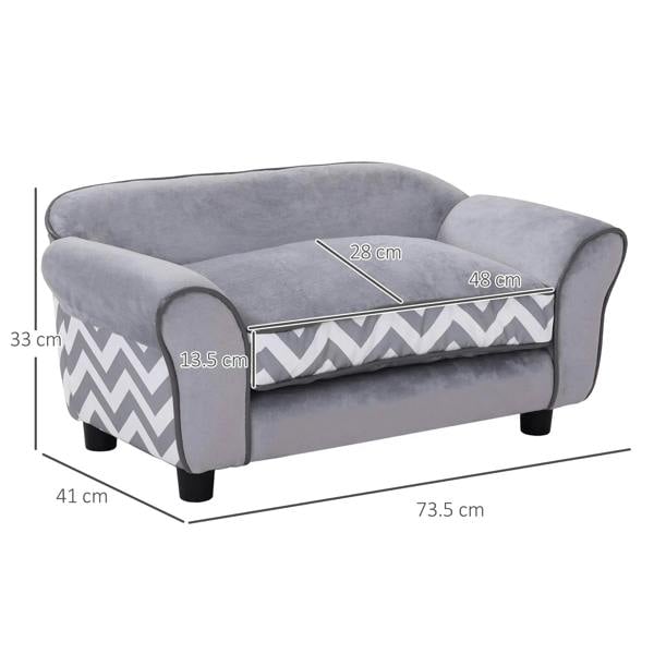 Grey pet sofa bed with chevron-pattern cushion and rounded armrests; size diagram