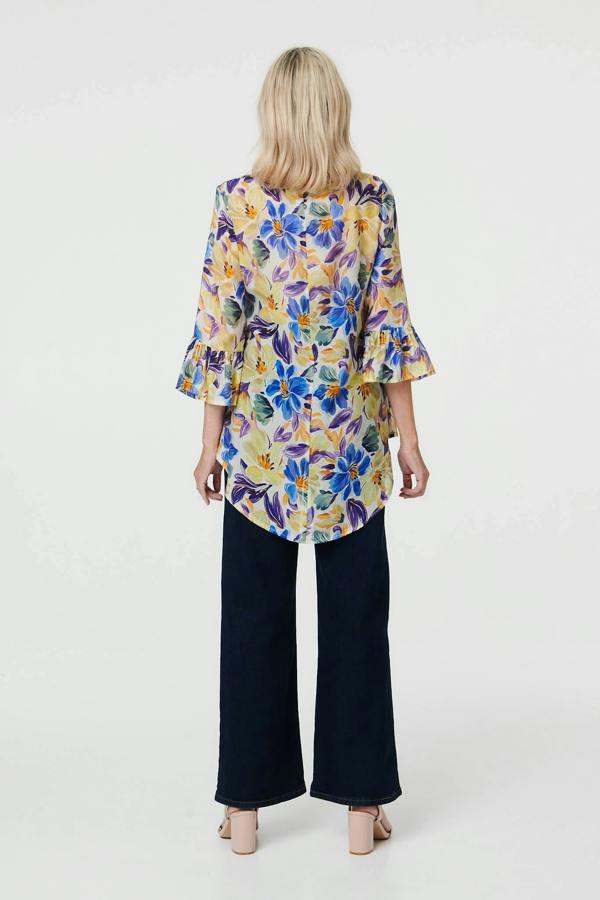 Blue | Floral Flare 3/4 Sleeve Relaxed Blouse