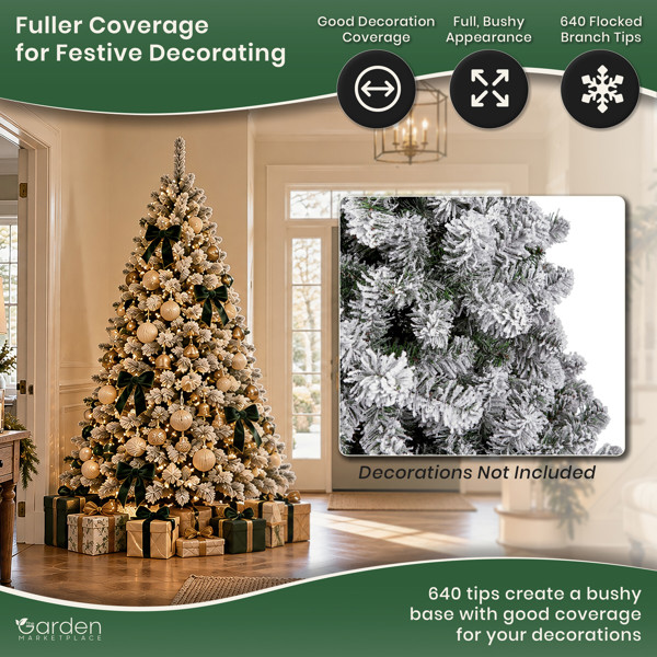 Flocked Woodcote Spruce Artificial Christmas Tree with Snow, 1.8m, 640 Tips, Hinged Branches, 106cm Wide, Metal Stand