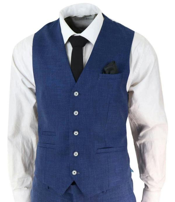 House of Cavani Mens 3 Piece Blue Linen Summer Spring Classic Suit