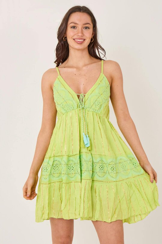 Elaina Fashion Bohemian Lace Detail Mini Dress - Onesize (8-14) - golden green