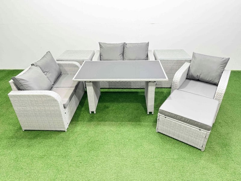 Fimous Rattan Sofa Outdoor Furniture with Dining Table,2 Side Tables,Love Sofa,Big Stool Patio Furniture Light Grey 6 Seater
