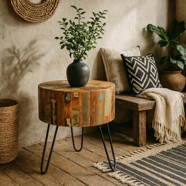 Wyld Haus Seattle Reclaimed Wood and Metal Modern Drum Side Table