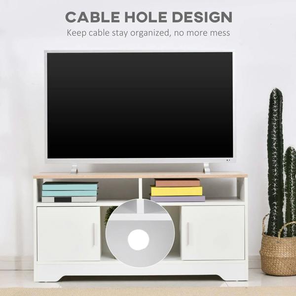 White TV stand cabinet with cable hole opening and media storage shelves