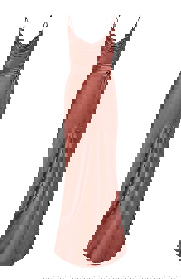 bias cut satin slip  cowl neck bridesmaids dress in Terracotta in environmentally friendly fabric. A beautiful rich cinnamon rose gold colour.