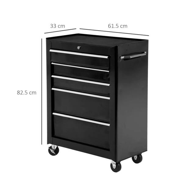 Black 5-drawer tool storage cabinet with caster wheels and metal pull handles