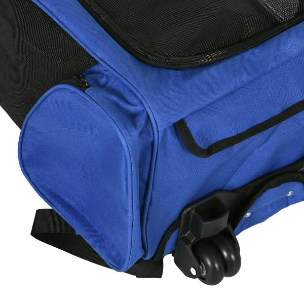 Blue pet carrier backpack corner guard with swivel rolling wheels