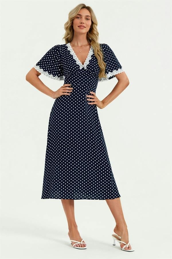 FS Collection Lace Trim Dot Print Midi Dress In Navy