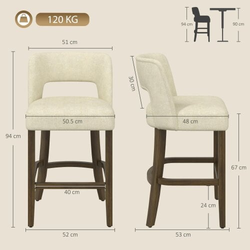 HOMCOM Bar Stools Set of 2 with Curved Backrest, Beige