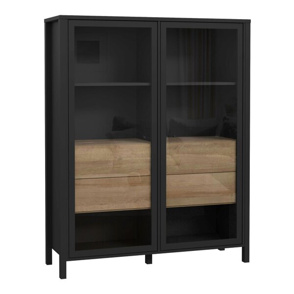 Wyld Haus Egtved Black and Natural Oak Wood Effect Large Wide Display Cabinet 2 Doors 4 Drawers