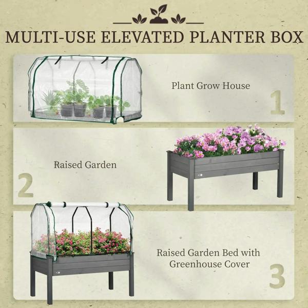 Elevated raised planter box with greenhouse-style PE cover over a dark grey bed frame