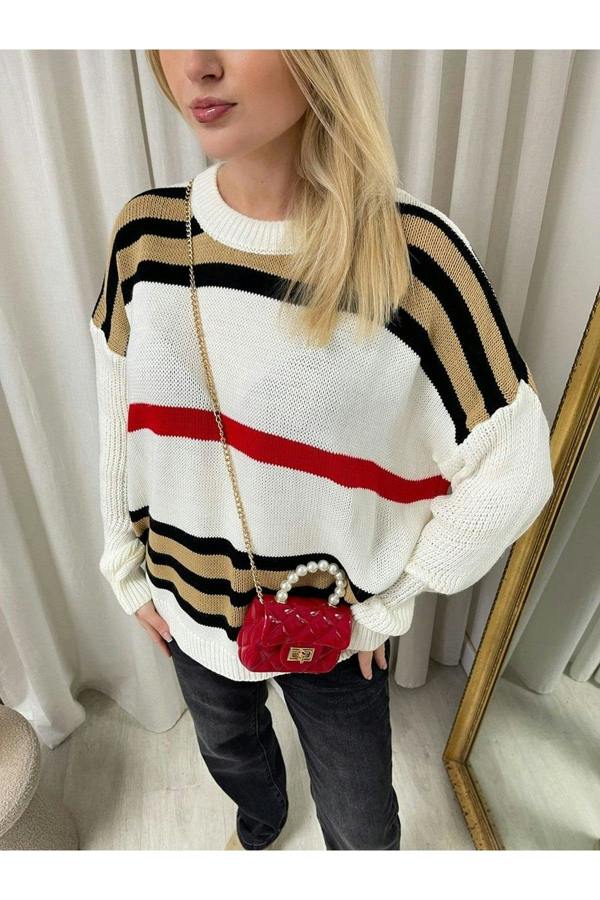 Ava Oversized Striped Long Sleeve Knitted Jumper - White