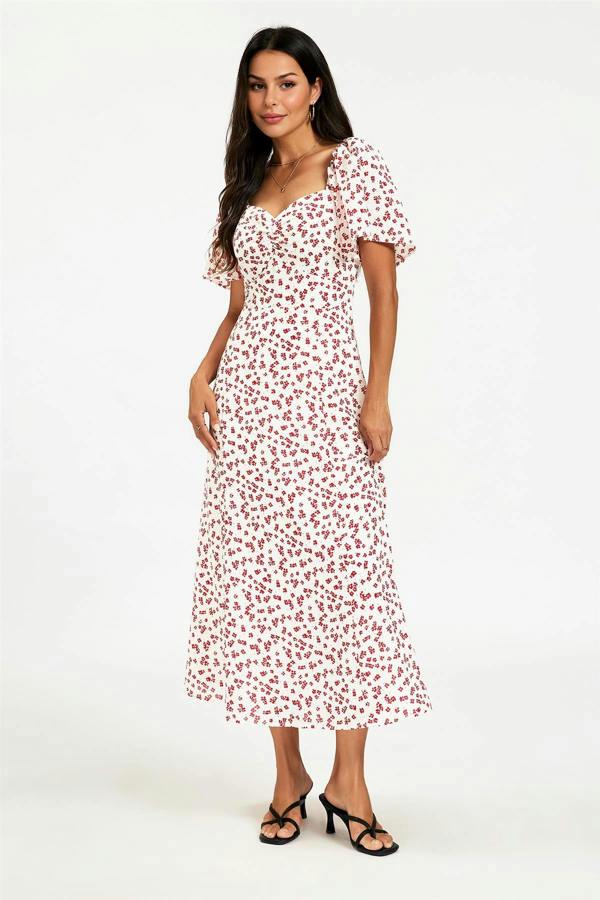 FS Collection Floral Print Angel Sleeve Heart Neckline Midi Dress In White