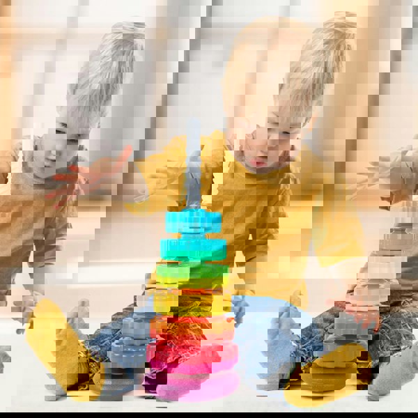 deAO Toys Rainbow Stacking Tower Toy for Toddlers, Colorful Educational Spiral Gears with Rotating Base, Soft and Safe Material