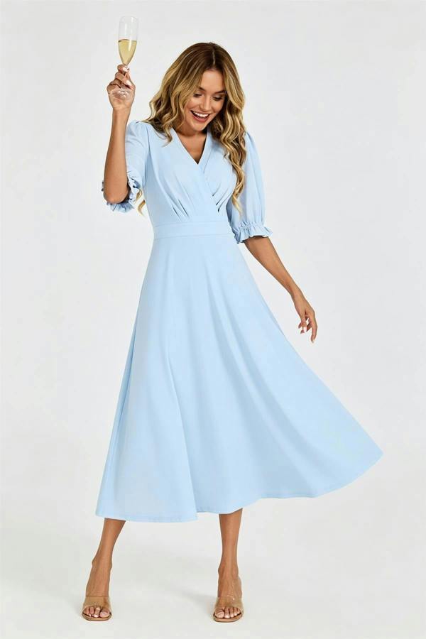 FS Collection Half Sleeves Jersey Midi Dress with Wrap Neckline In Pale Blue