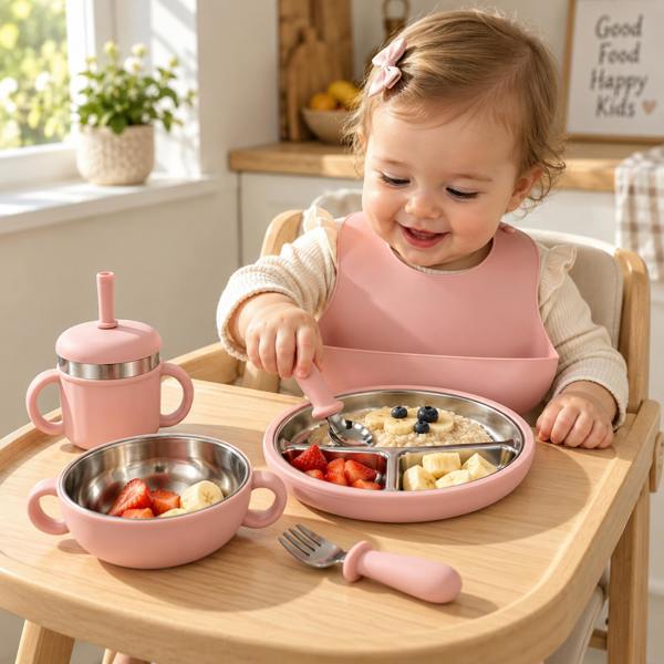 Maison des Cadeaux Set of 7 Baby Feeding & Weaning Set with Stainless Steel Plate, Bowl, Bib, Cup & Cutlery-Pink