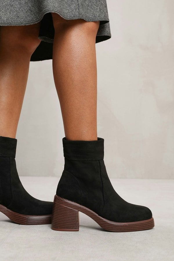 Where's That From Nyra Ankle Boot With Side Zip and Chunky Heel in Black Suede