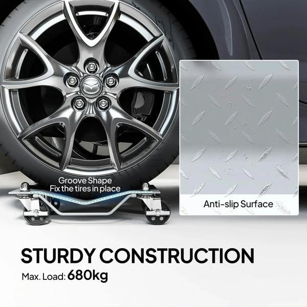 Metal wheel dolly anti-slip plate surface with grip grooves and swivel base.