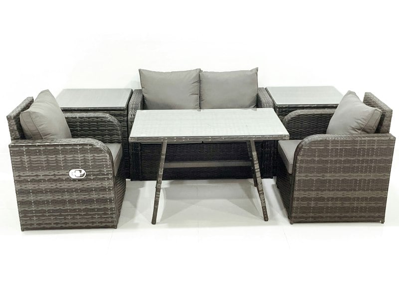 Fimous Outdoor Garden Furniture Set Rattan Sofa Dining Table Set with Reclining Chair 2 Side Tables Dark Grey Mixed
