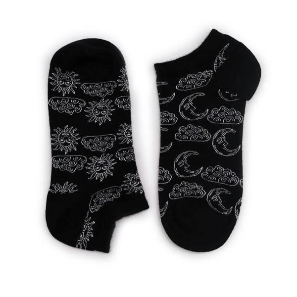 Black low-cut socks with repeating hare, cloud, sun and moon pattern