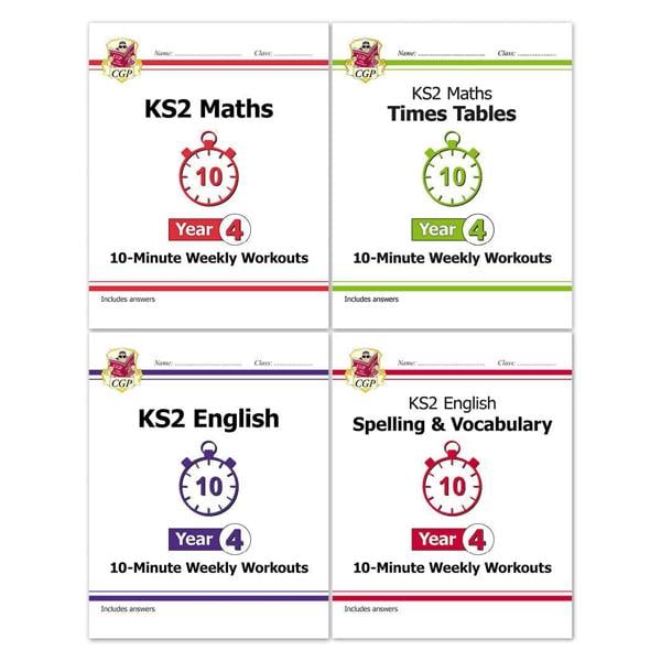 CGP KS2 Year 4 10-Minute Weekly Workout Bundle – Ages 8-9 (Maths, English, Times Tables, Spelling and Vocabulary)