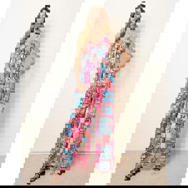 Blue Vanilla Tie Front Jumpsuit In Postcard Print