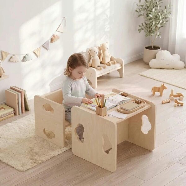 Montessori Inspired Toddler Table and Chair Set with 3-Level Heights, Weaning Baby Tables Chair Set for 18-36 M, Natural