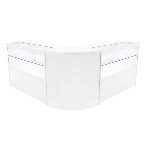 White Selene LED shop counter set with two display cases, featuring a sleek, modern design and glass panels for visibility